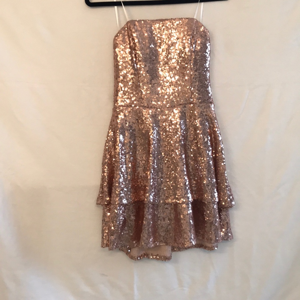 Rose gold sequins strapless mini dress